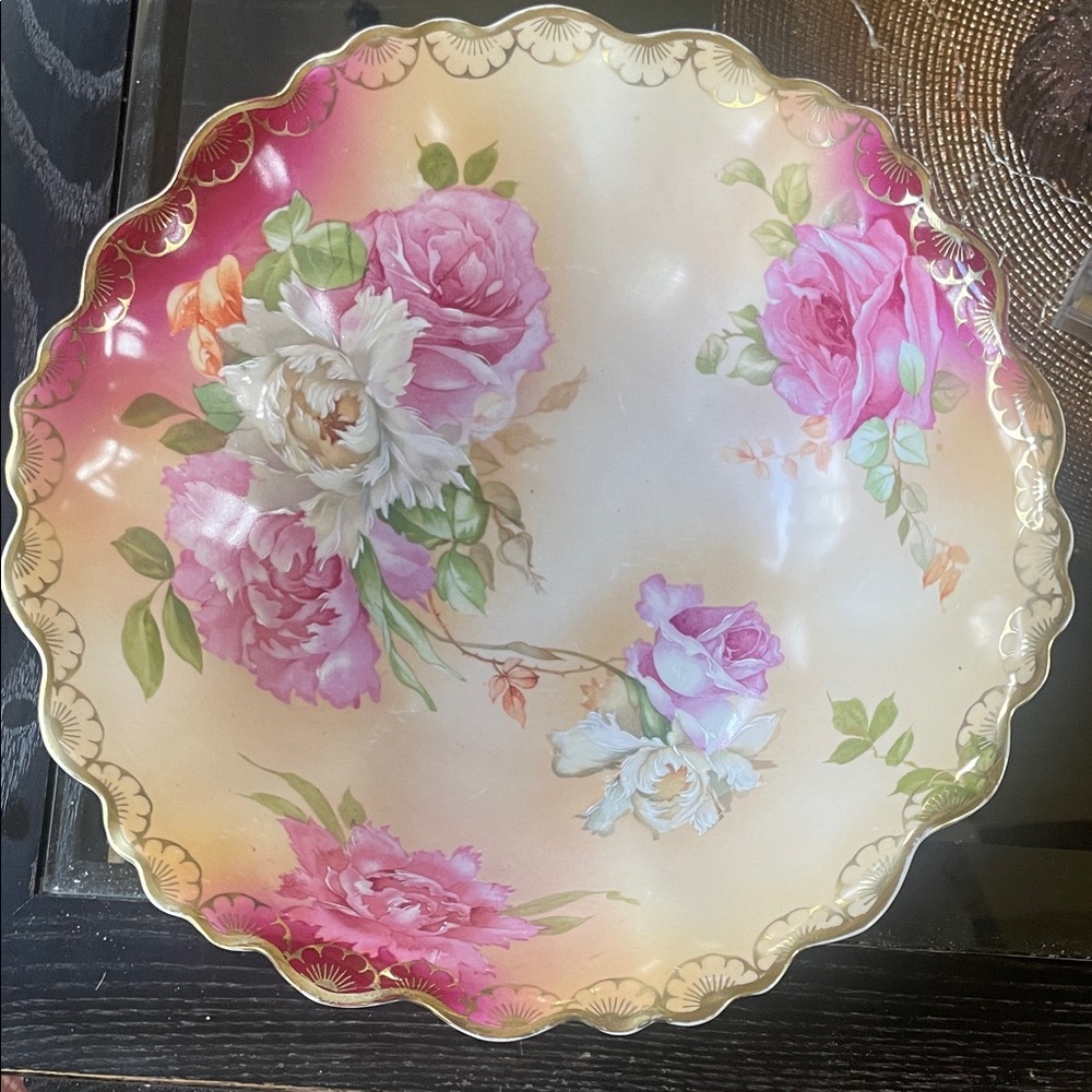 M.Z. Austria Antique/Vintage Floral Decorative Hand Painted Bowl with Pink Roses